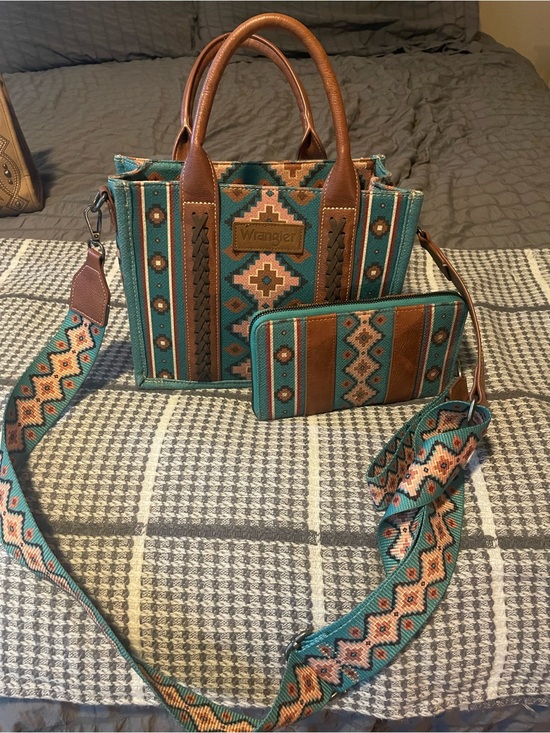 Wrangler Handbags - Wrangler Teal and Brown Southwestern Tote with Matching Wallet and Strap